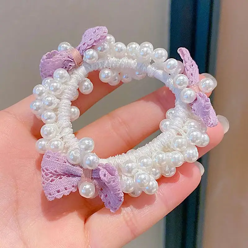Children's Purple Pearl Hair Rope Bow Accessory - Image 3