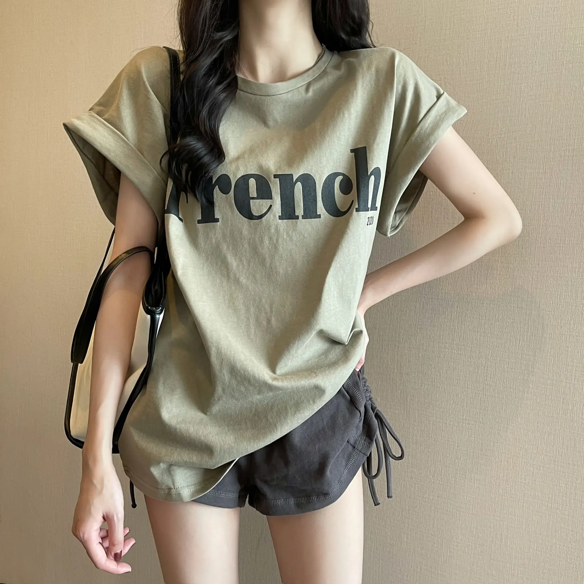 Black French Print Loose Summer T-Shirt with Shorts - Image 3