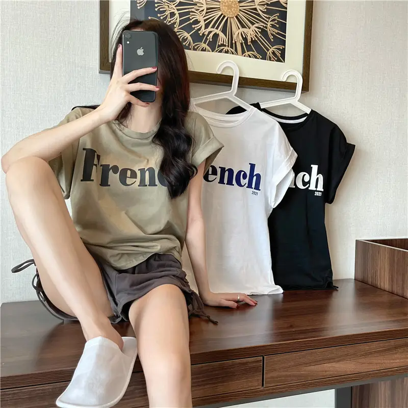 Black French Print Loose Summer T-Shirt with Shorts — feature 1