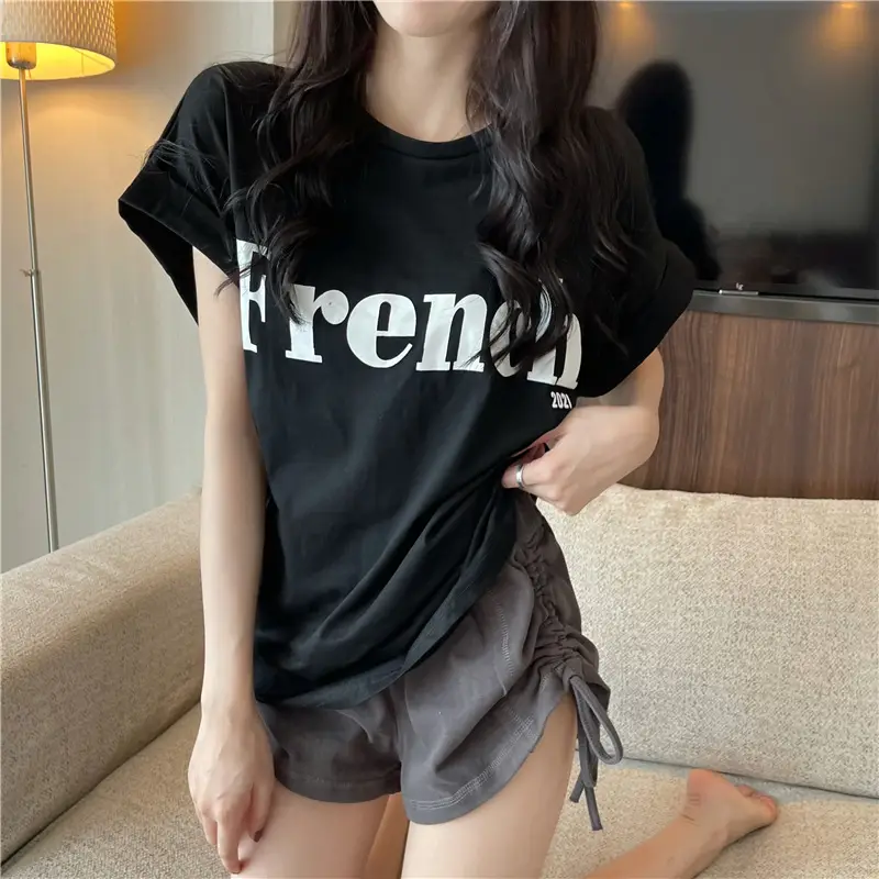 Black French Print Loose Summer T-Shirt with Shorts — feature 11