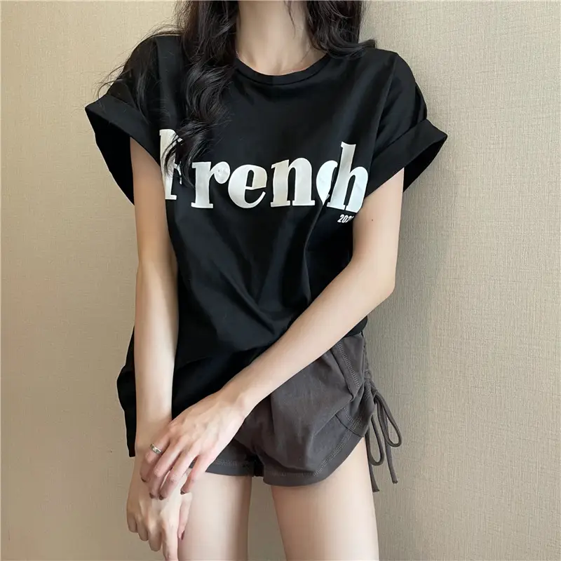 Black French Print Loose Summer T-Shirt with Shorts — feature 12