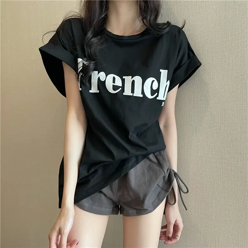 Black French Print Loose Summer T-Shirt with Shorts — feature 13