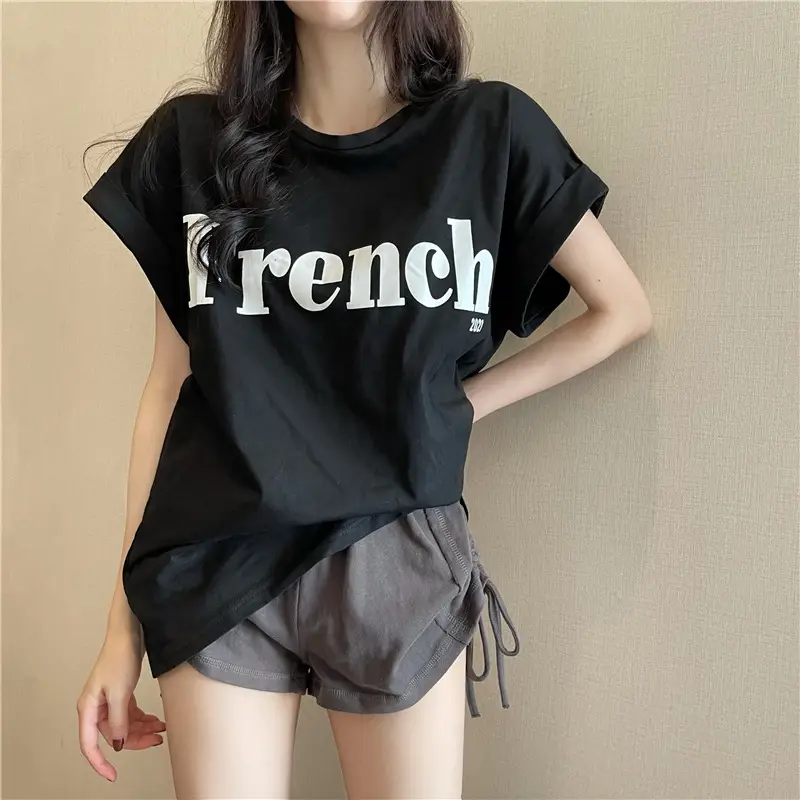 Black French Print Loose Summer T-Shirt with Shorts — feature 14
