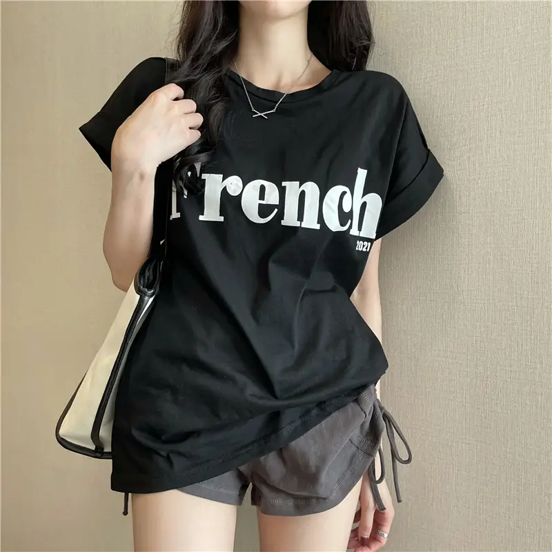 Black French Print Loose Summer T-Shirt with Shorts — feature 15