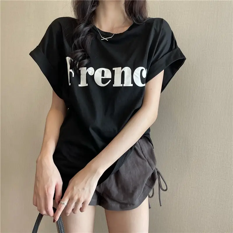 Black French Print Loose Summer T-Shirt with Shorts — feature 16