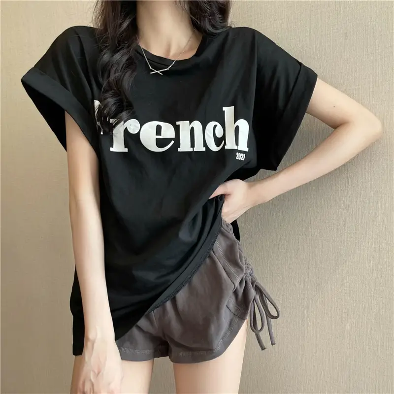 Black French Print Loose Summer T-Shirt with Shorts — feature 17