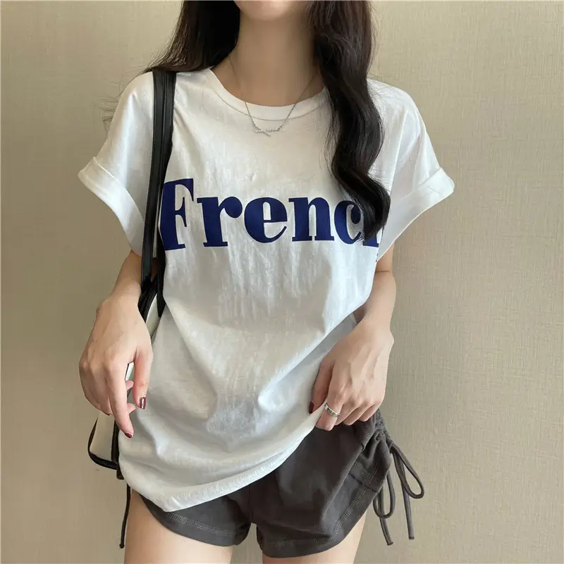 Black French Print Loose Summer T-Shirt with Shorts — feature 18