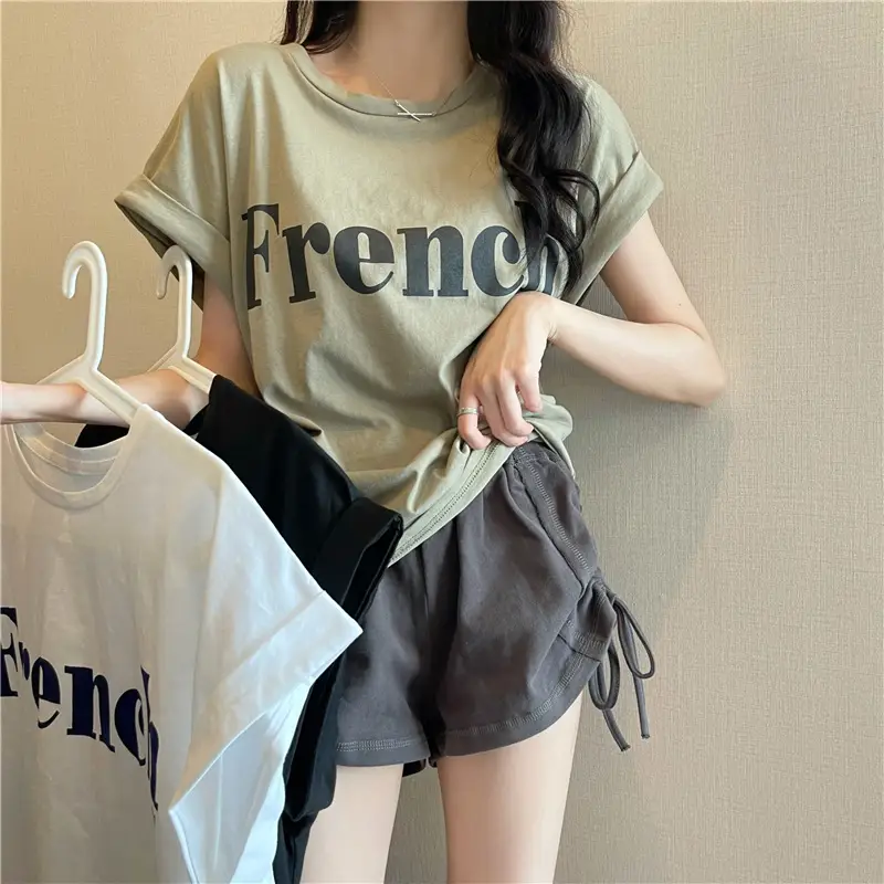 Black French Print Loose Summer T-Shirt with Shorts — feature 2