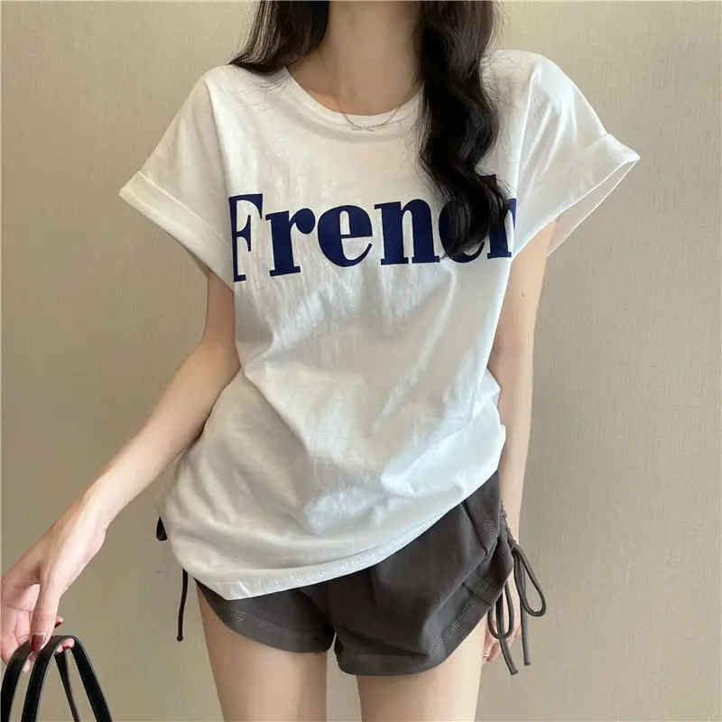 Black French Print Loose Summer T-Shirt with Shorts — feature 21