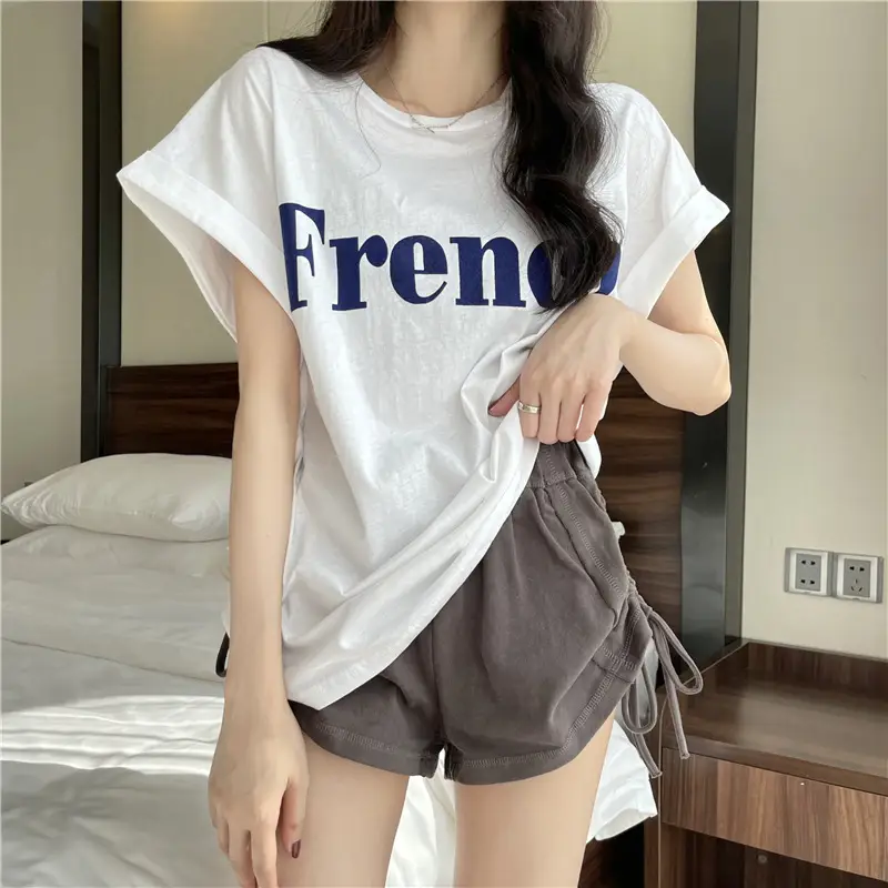 Black French Print Loose Summer T-Shirt with Shorts — feature 22