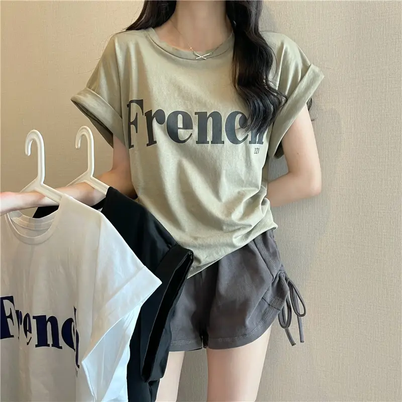 Black French Print Loose Summer T-Shirt with Shorts — feature 3