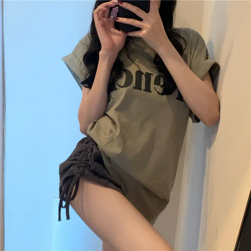 Black French Print Loose Summer T-Shirt with Shorts — feature 4