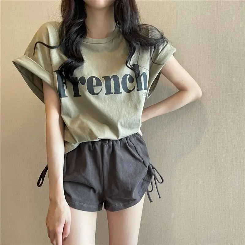 Black French Print Loose Summer T-Shirt with Shorts — feature 9