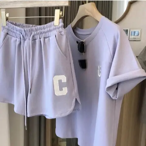 Women's Summer Sports Suit Gray Light Purple C Print Loose Fit Shorts Set - Image 4