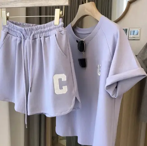 Women's Summer Sports Suit Gray Light Purple C Print Loose Fit Shorts Set - Image 7
