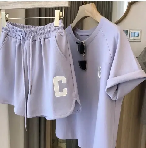 Women's Summer Sports Suit Gray Light Purple C Print Loose Fit Shorts Set - Image 2