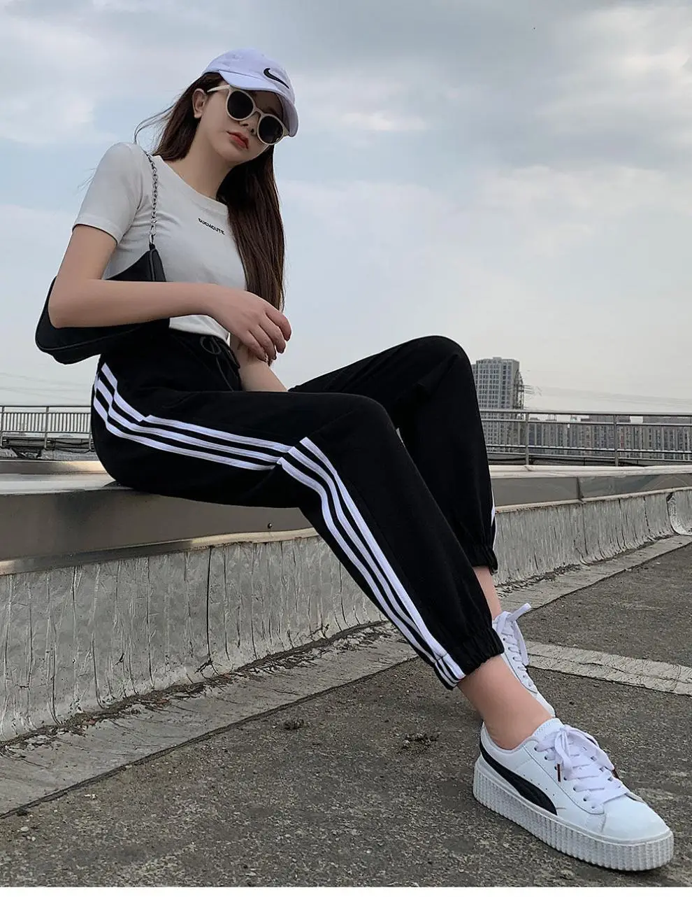 Black Women's Slim Sports Pants with 3 Stripes — feature 11