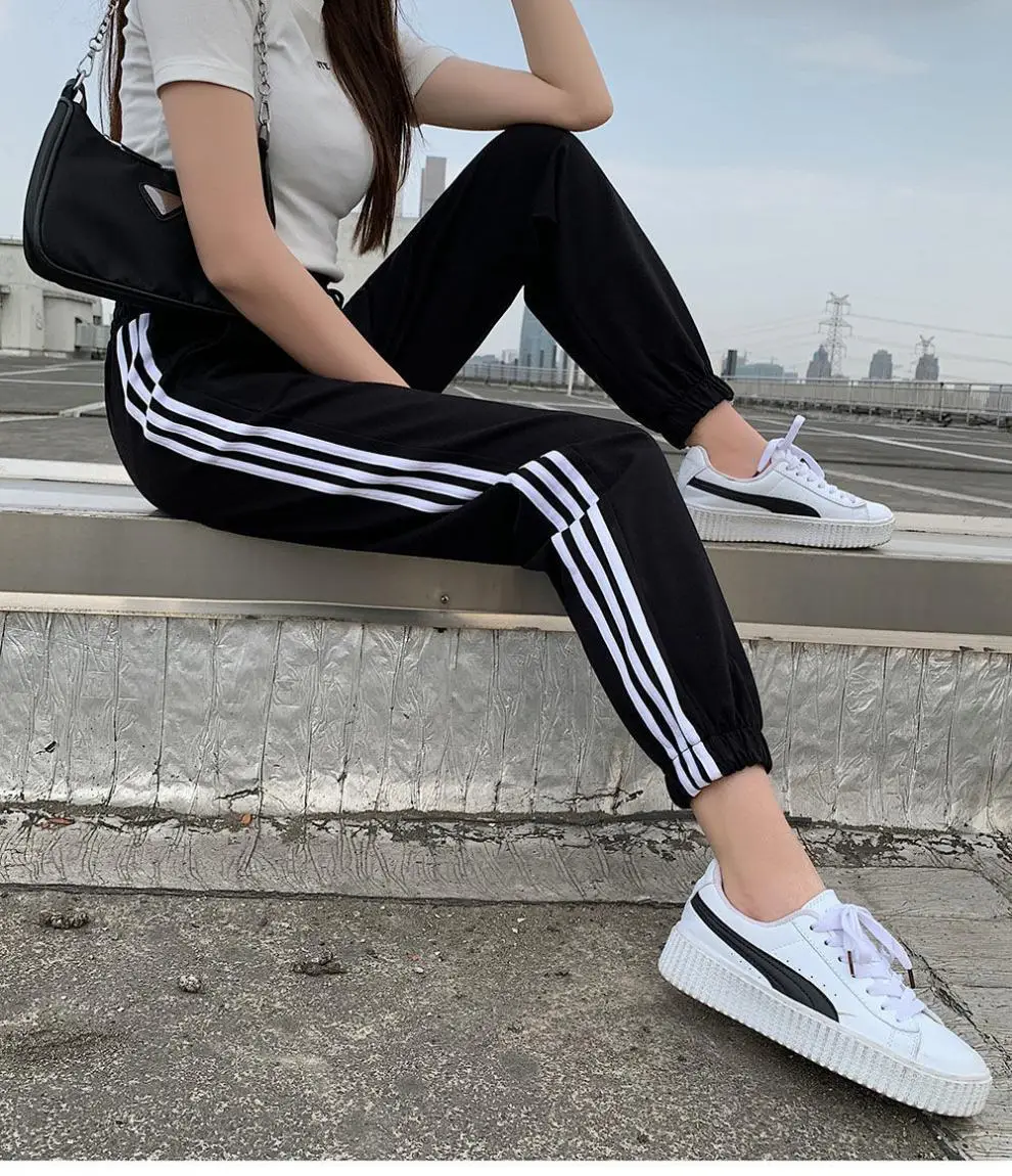 Black Women's Slim Sports Pants with 3 Stripes — feature 12