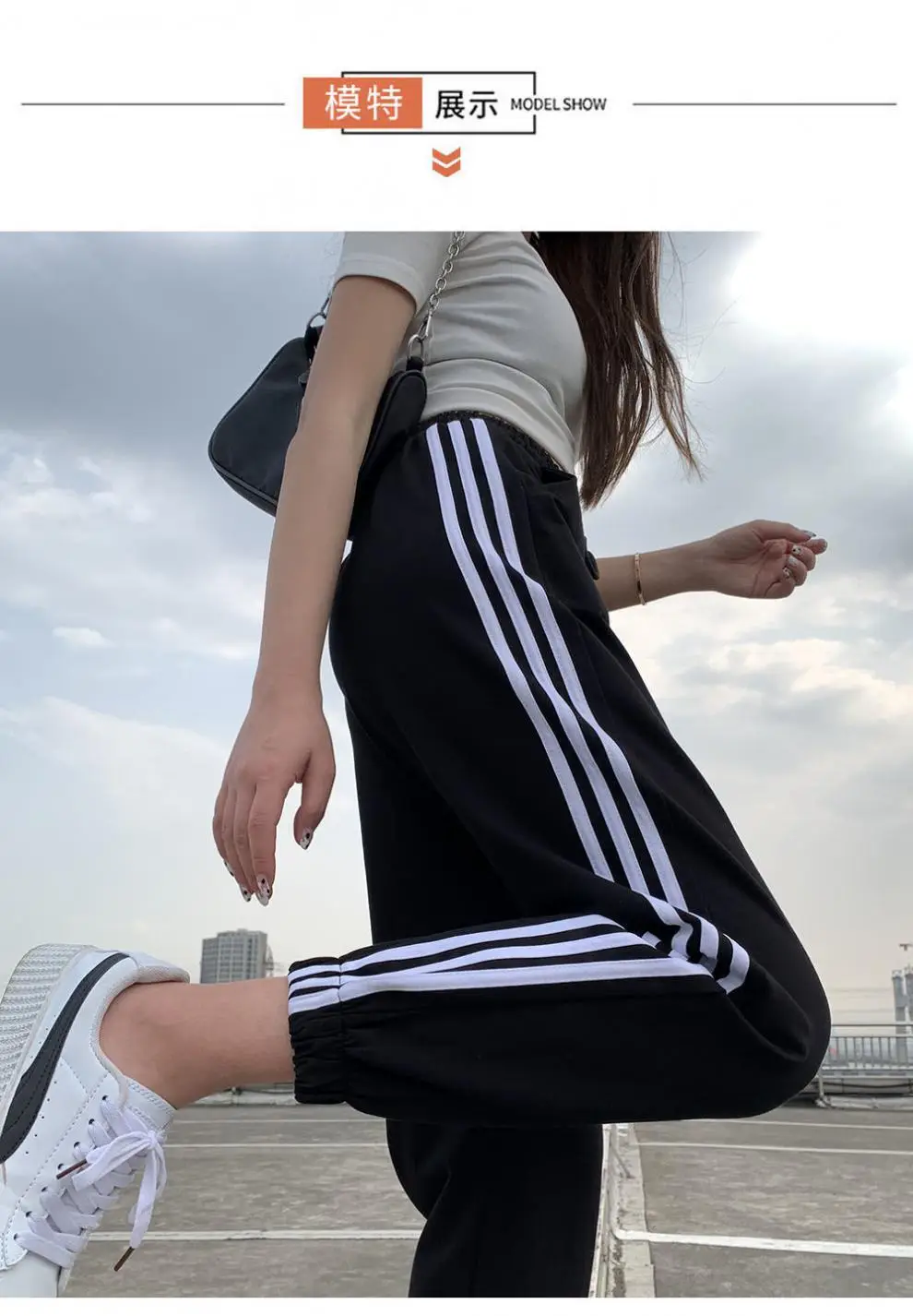 Black Women's Slim Sports Pants with 3 Stripes — feature 7