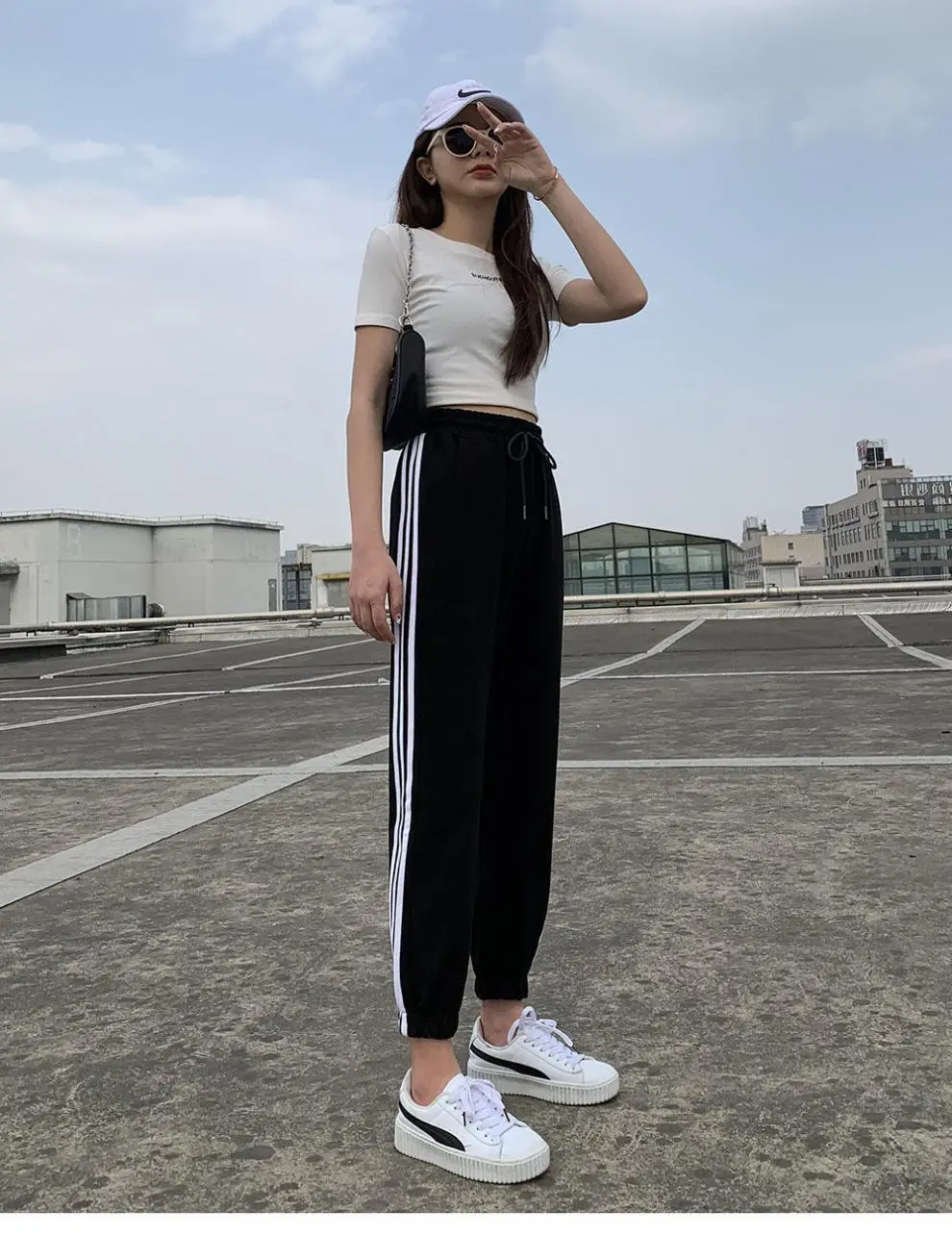 Black Women's Slim Sports Pants with 3 Stripes — feature 8