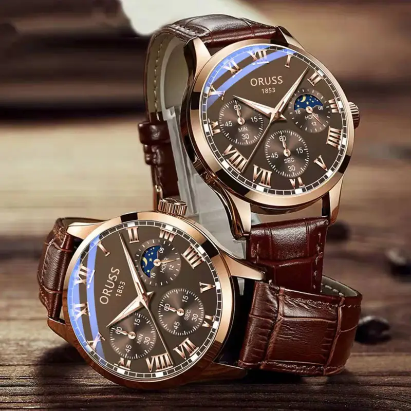 Oriss 185 Men's Luminous Waterproof Chronograph Watch Brown Leather Strap
