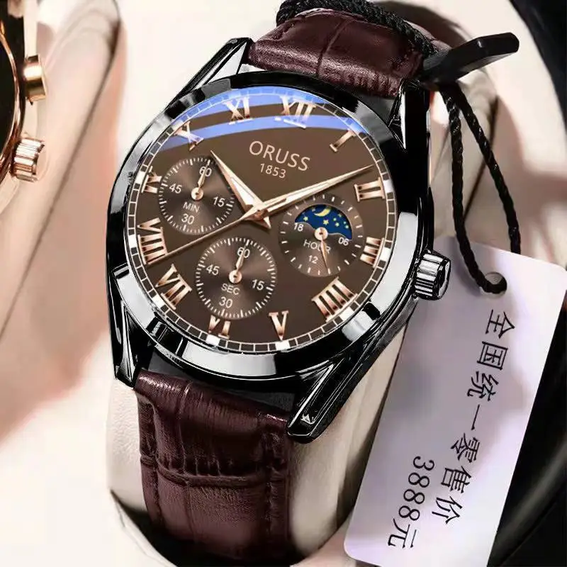 Oriss 185 Men's Luminous Waterproof Chronograph Watch Brown Leather Strap