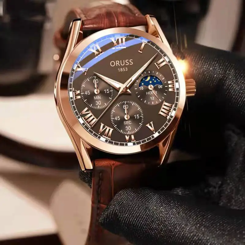 Oriss 185 Men's Luminous Waterproof Chronograph Watch Brown Leather Strap