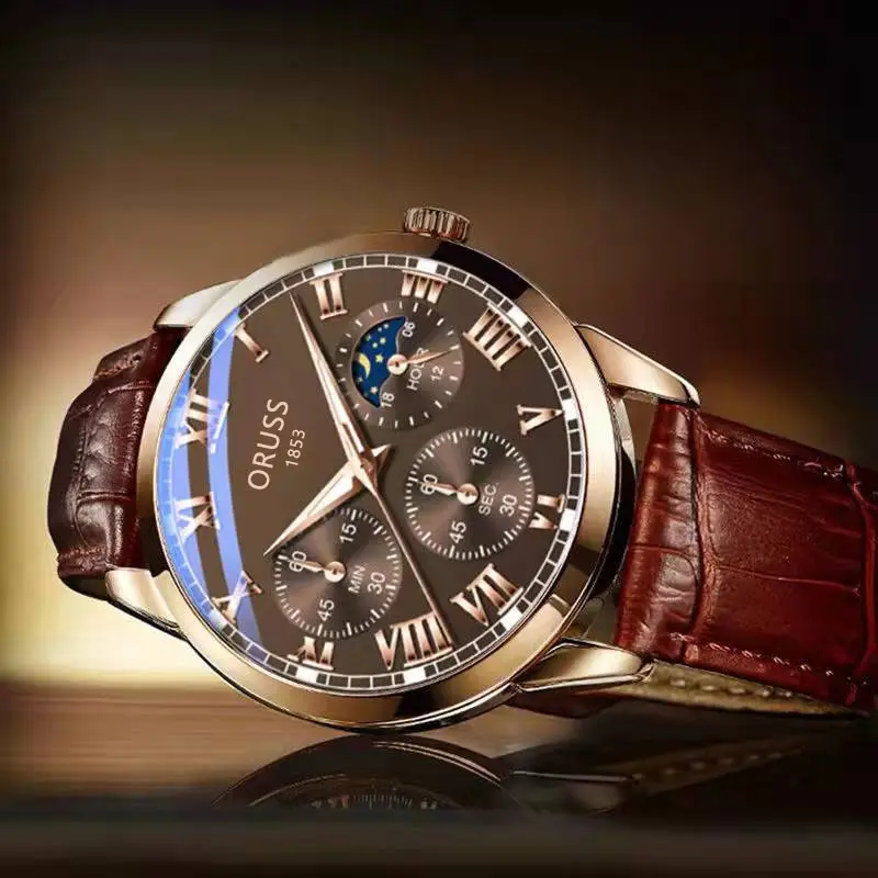 Oriss 185 Men's Luminous Waterproof Chronograph Watch Brown Leather Strap