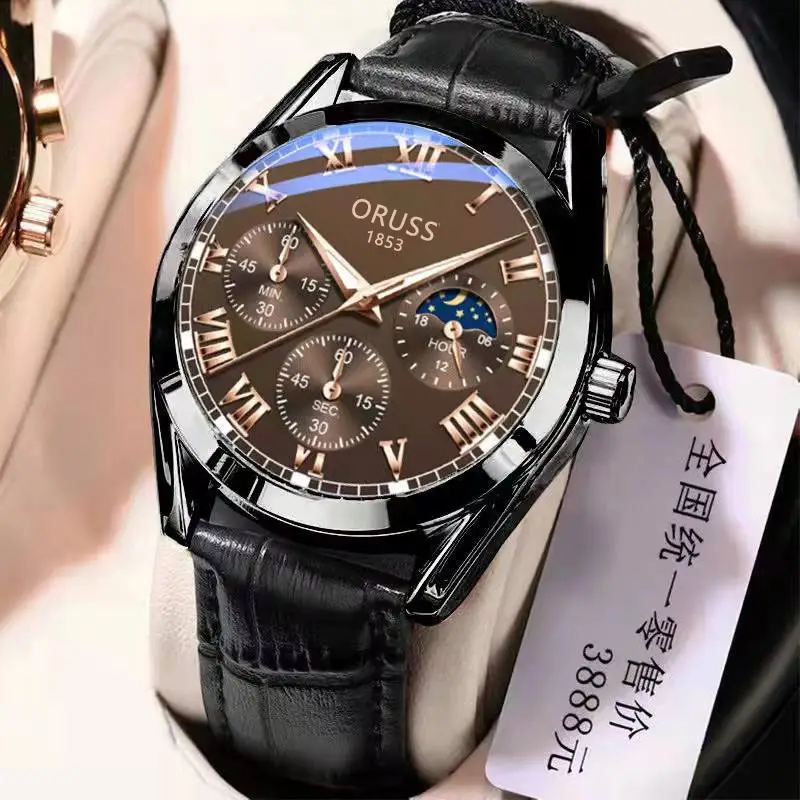 Oriss 185 Men's Luminous Waterproof Chronograph Watch Brown Leather Strap