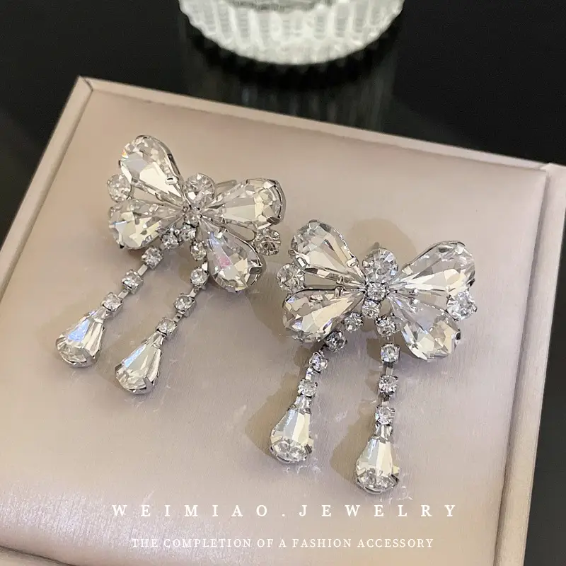 Silver Diamond Bow Earrings High End Fashion Luxury - Image 6