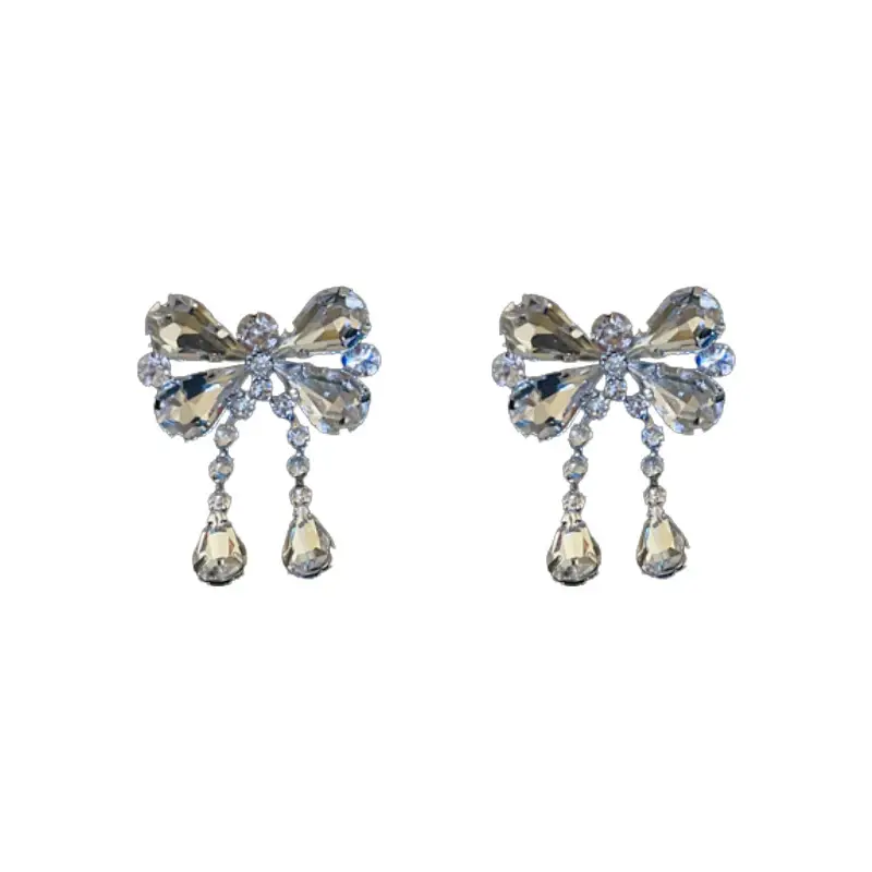 Silver Diamond Bow Earrings High End Fashion Luxury - Image 9