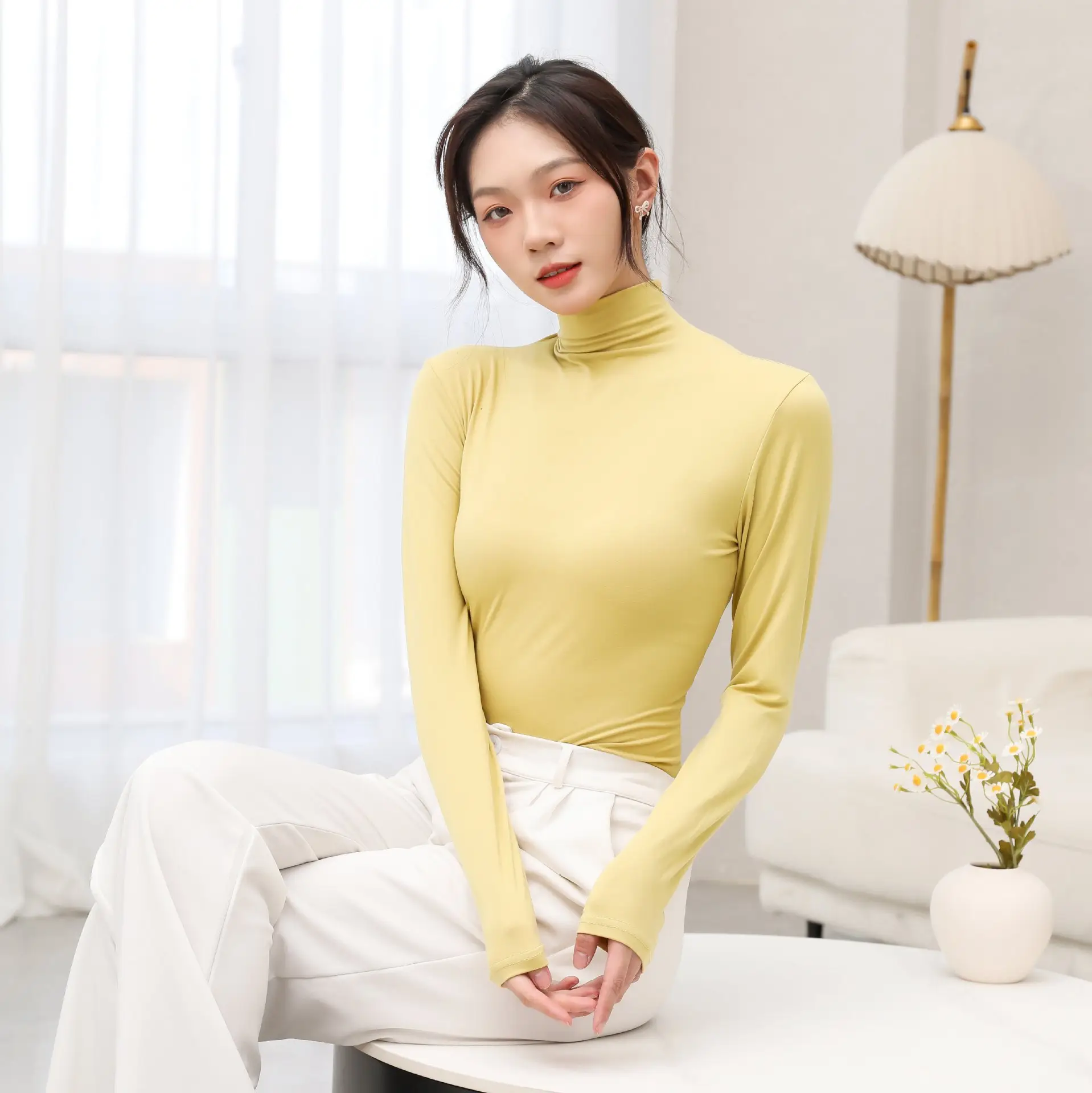 Women's White Half-High Collar Long Sleeve T-Shirt - Image 7