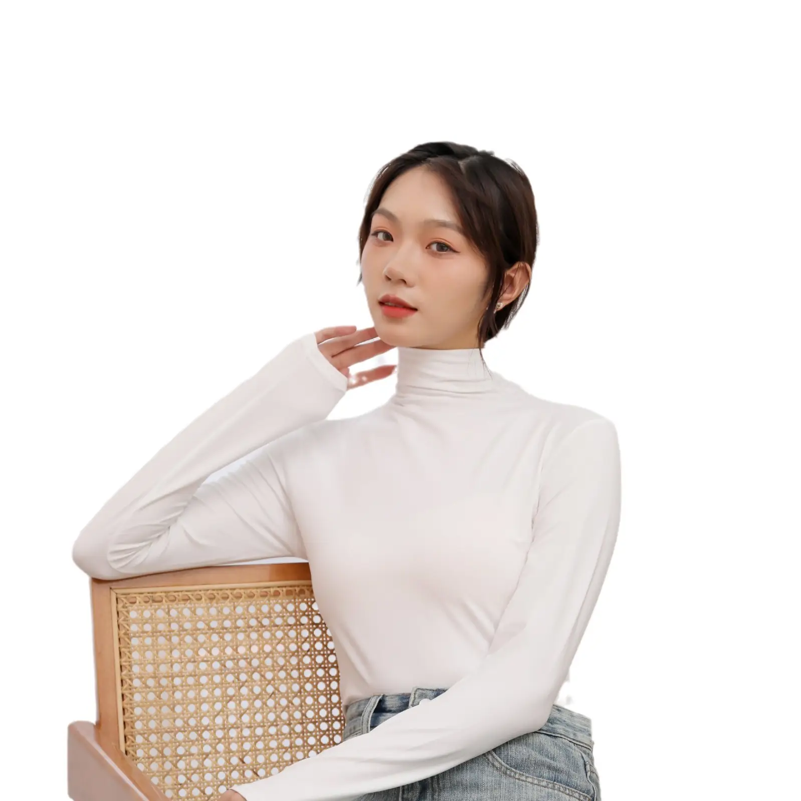 Women's White Half-High Collar Long Sleeve T-Shirt - Image 10