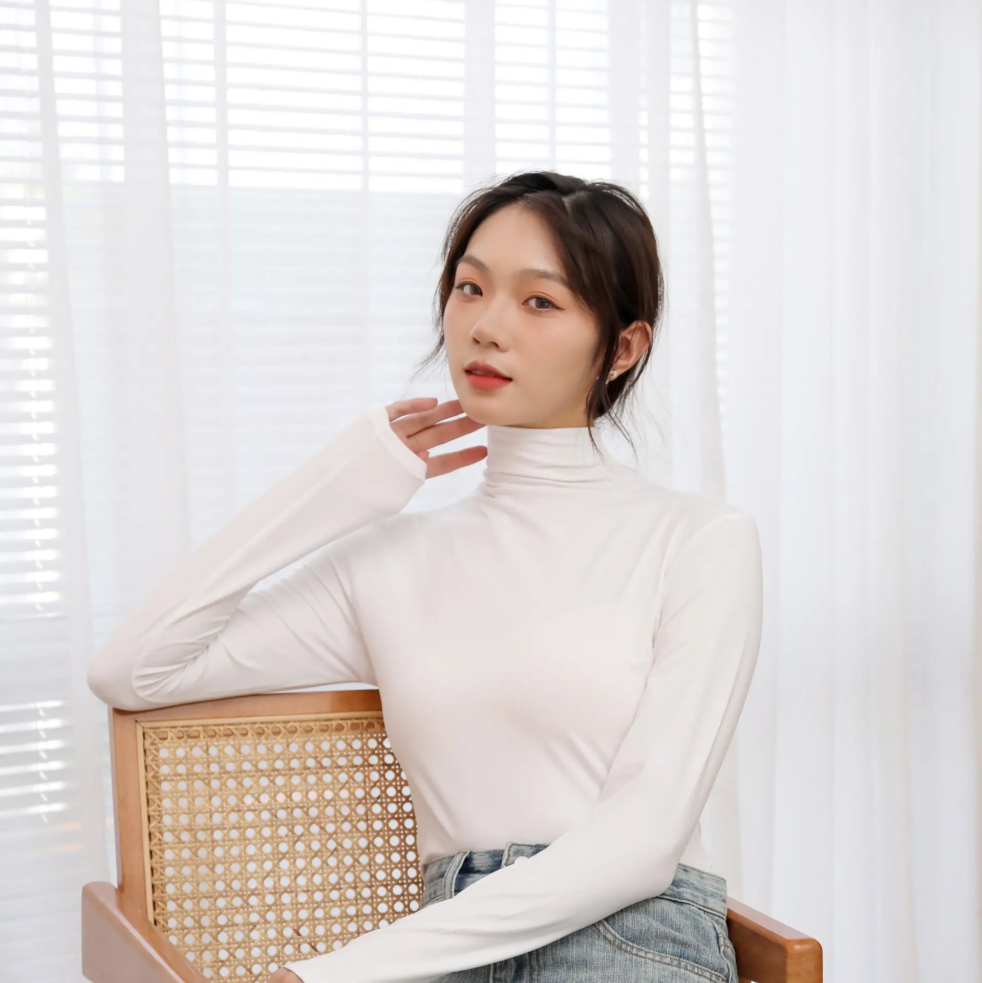 Women's White Half-High Collar Long Sleeve T-Shirt - Image 2