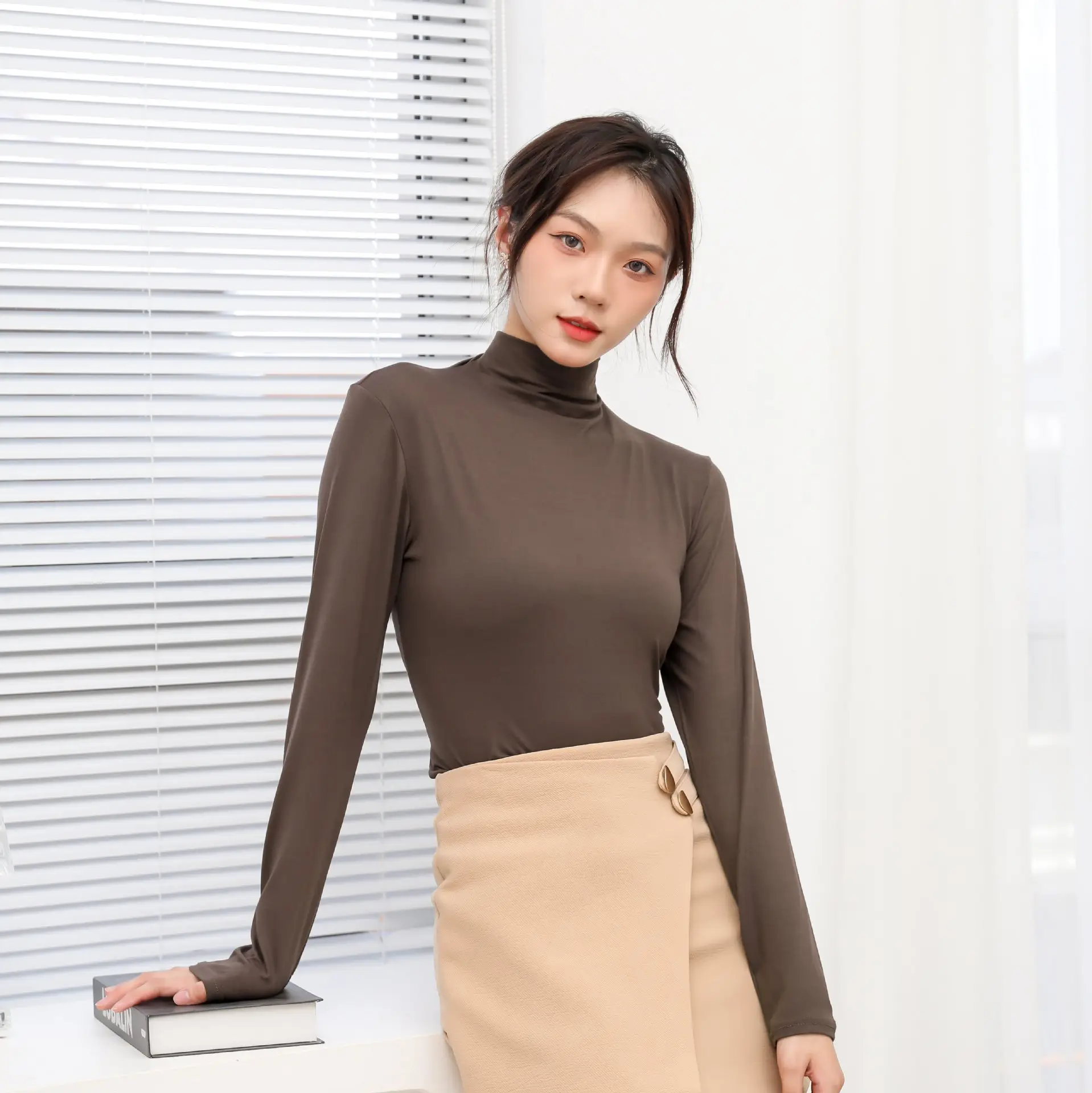 Women's White Half-High Collar Long Sleeve T-Shirt - Image 3