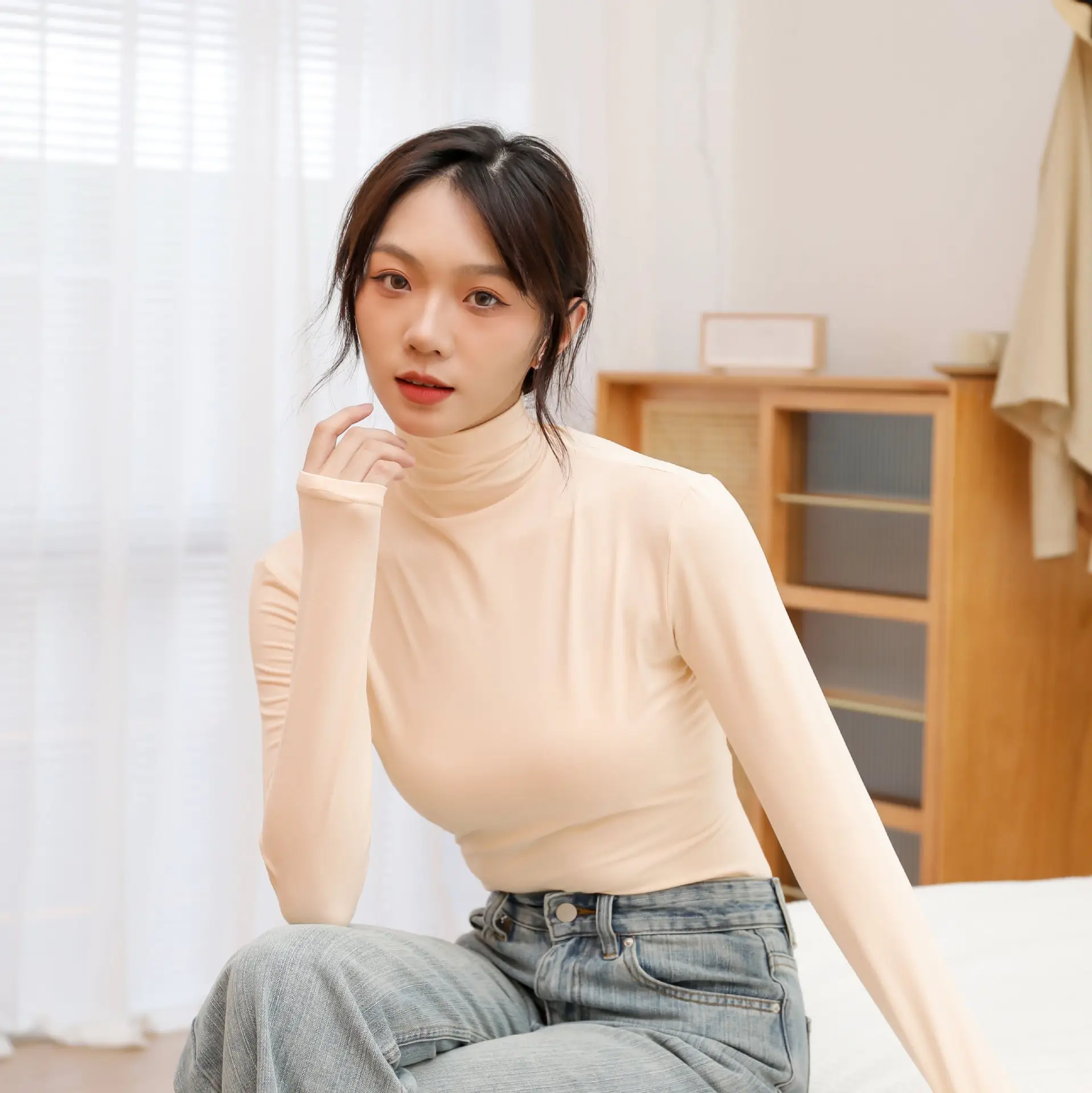 Women's White Half-High Collar Long Sleeve T-Shirt - Image 4