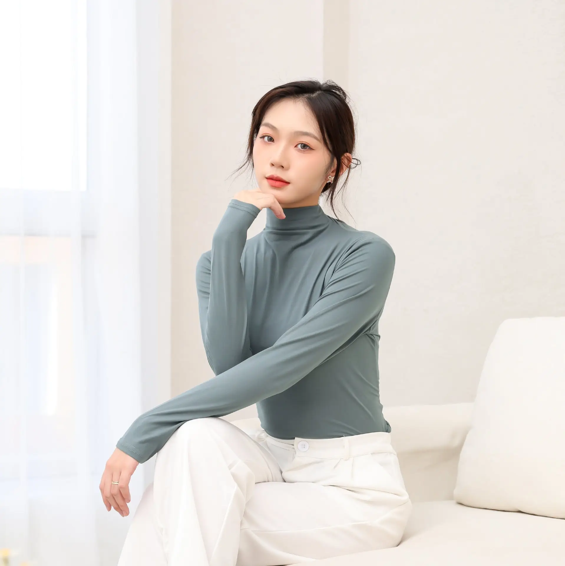 Women's White Half-High Collar Long Sleeve T-Shirt - Image 5