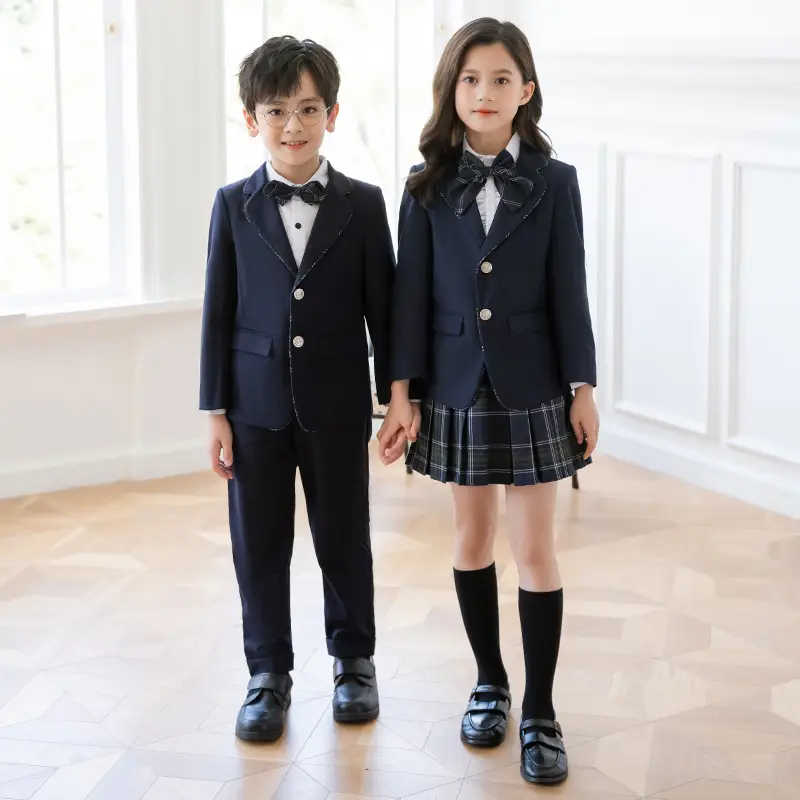 Girls School Uniform Suit Fleece Lined Black Plaid Skirt