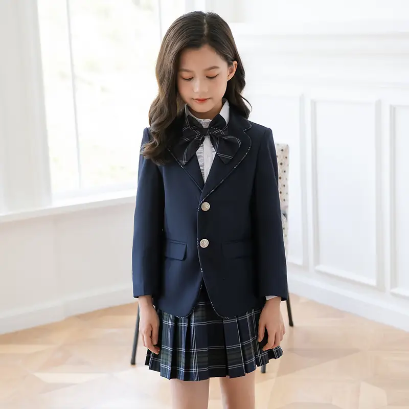 Girls School Uniform Suit Fleece Lined Black Plaid Skirt