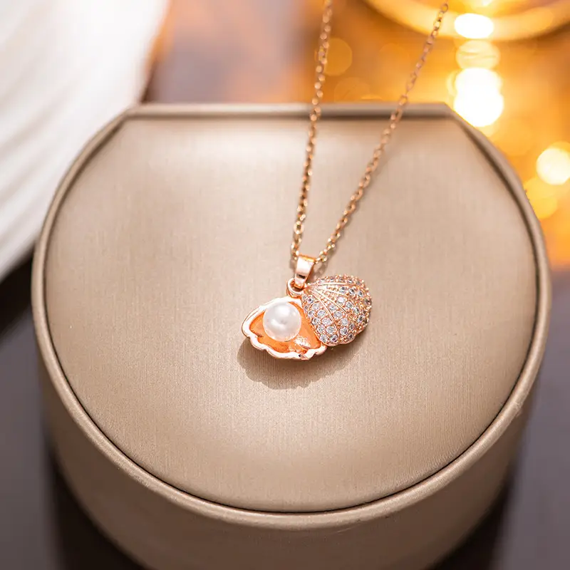 Feminine Diamond Encrusted Pearl Necklace Titanium Steel