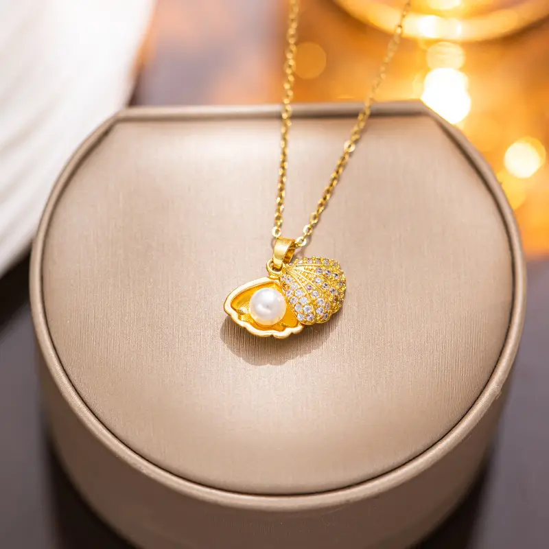 Feminine Diamond Encrusted Pearl Necklace Titanium Steel