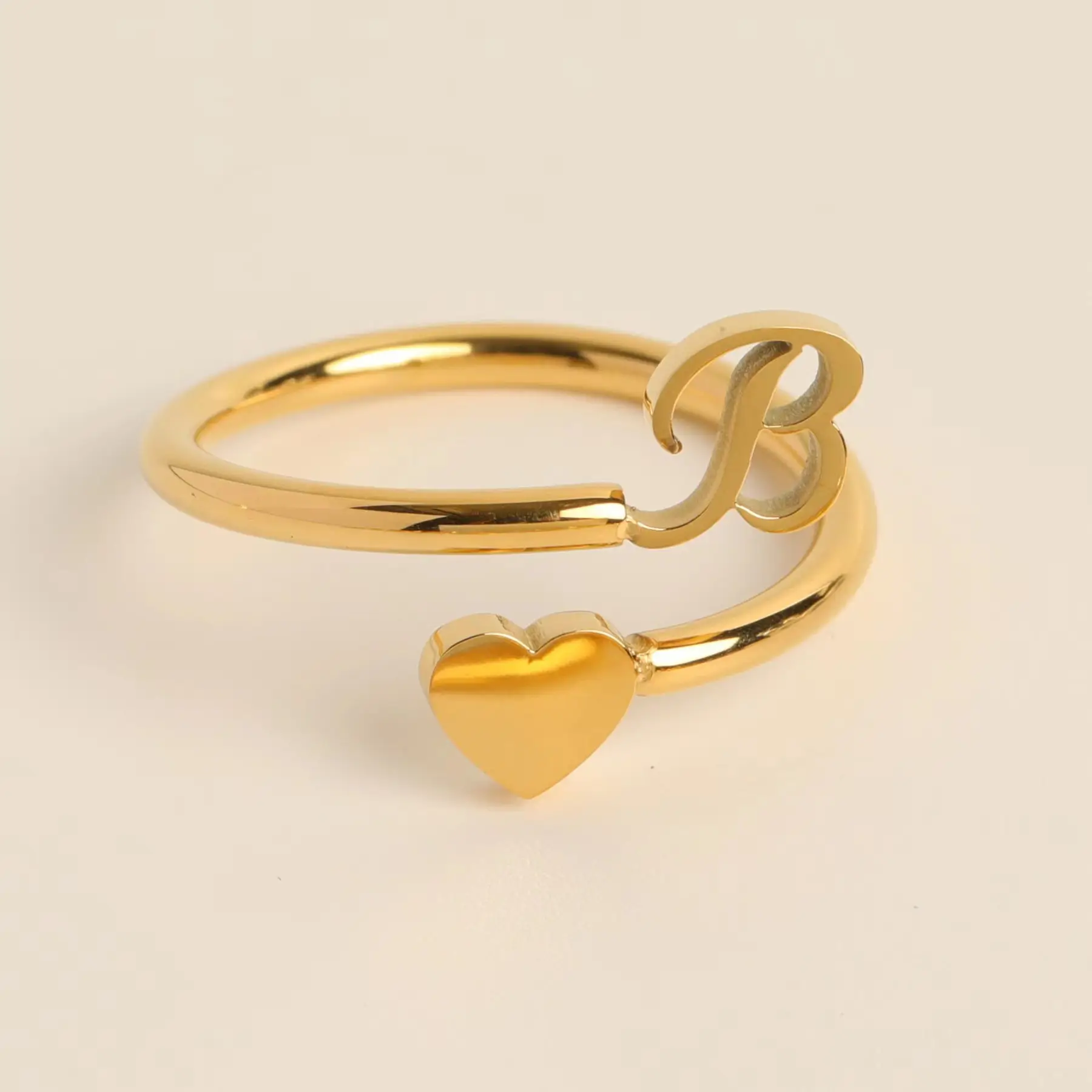 Gold Adjustable Heart Initial Ring for Women