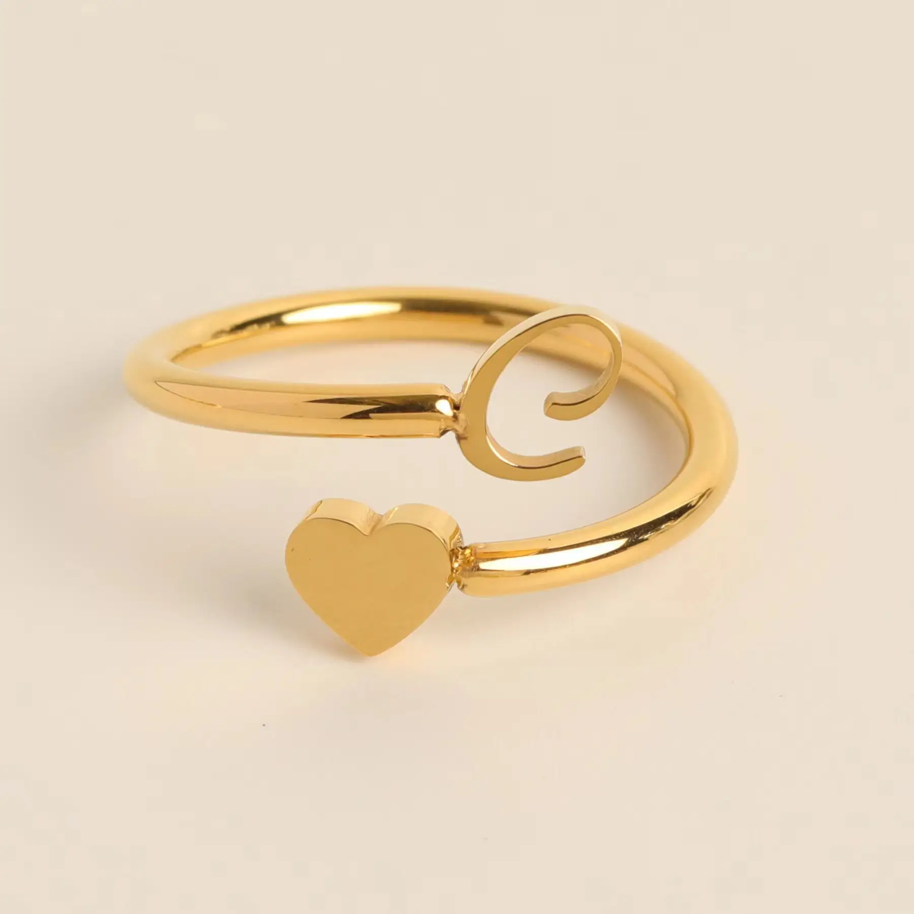 Gold Adjustable Heart Initial Ring for Women
