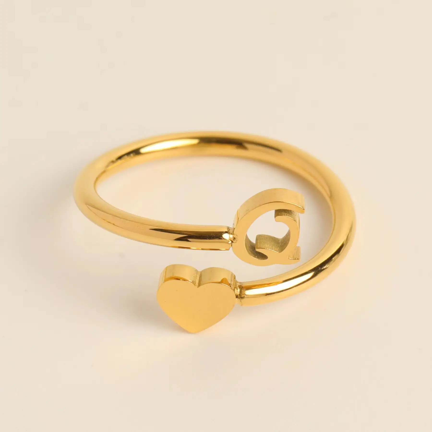 Gold Adjustable Heart Initial Ring for Women