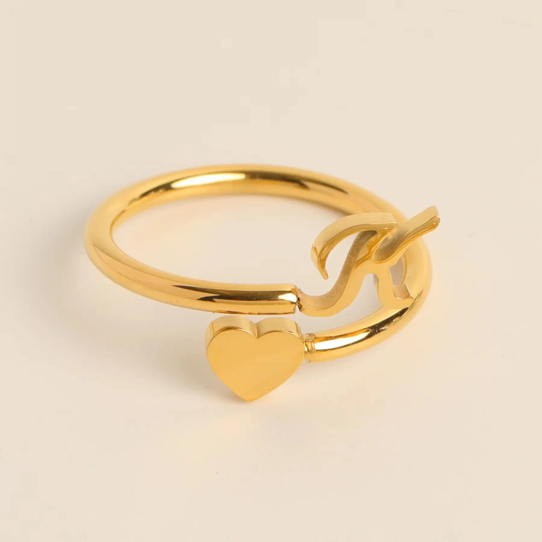 Gold Adjustable Heart Initial Ring for Women