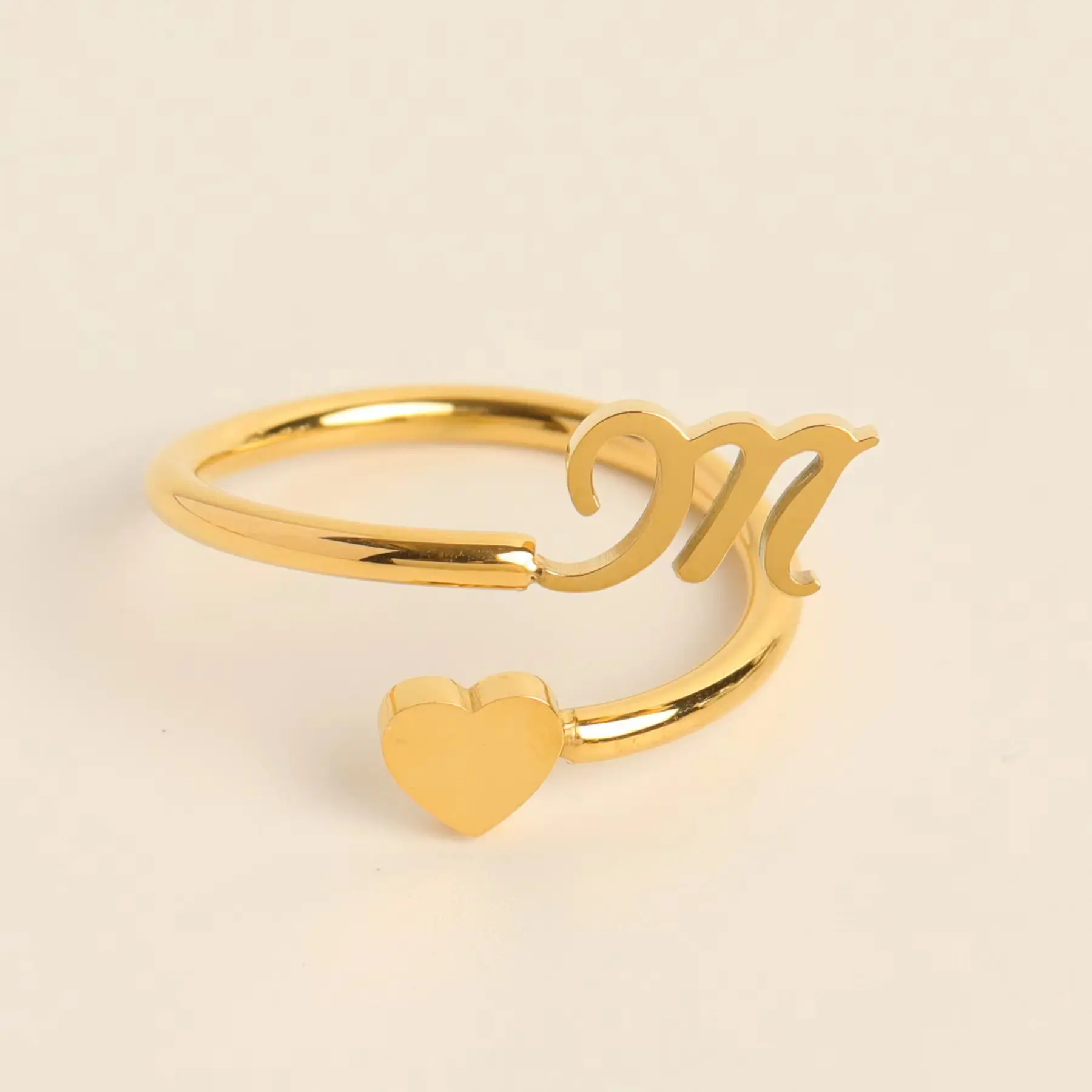 Gold Adjustable Heart Initial Ring for Women