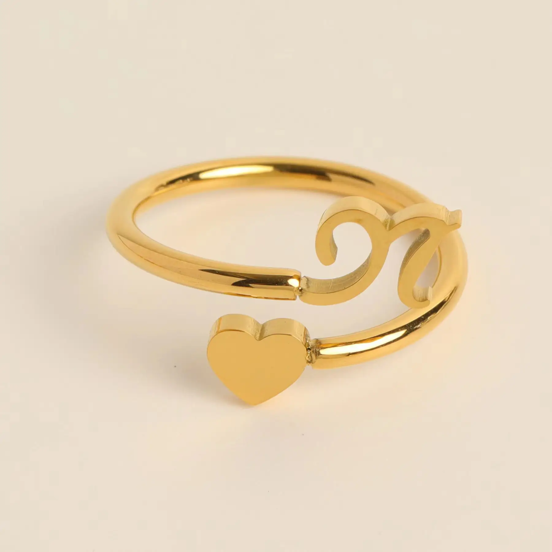 Gold Adjustable Heart Initial Ring for Women