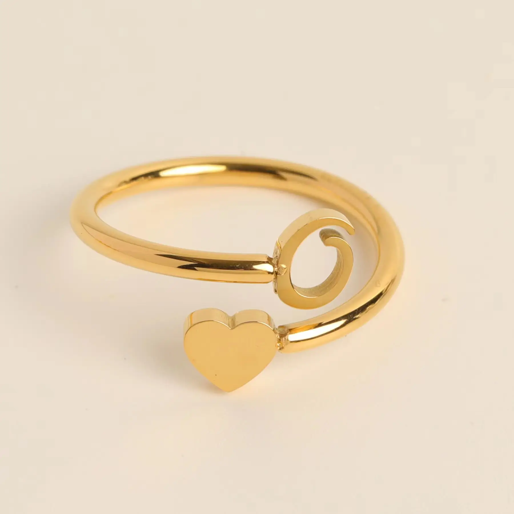 Gold Adjustable Heart Initial Ring for Women