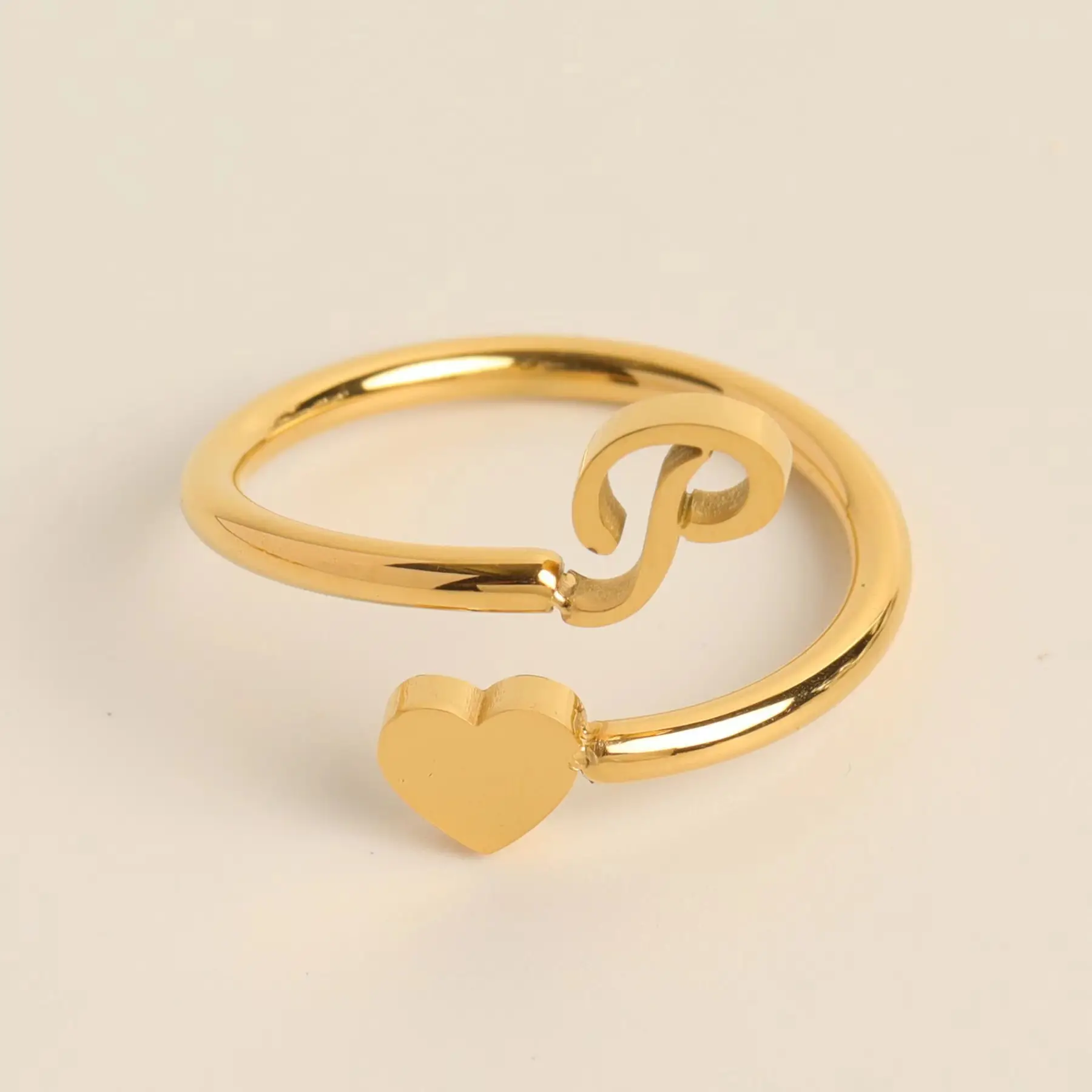 Gold Adjustable Heart Initial Ring for Women