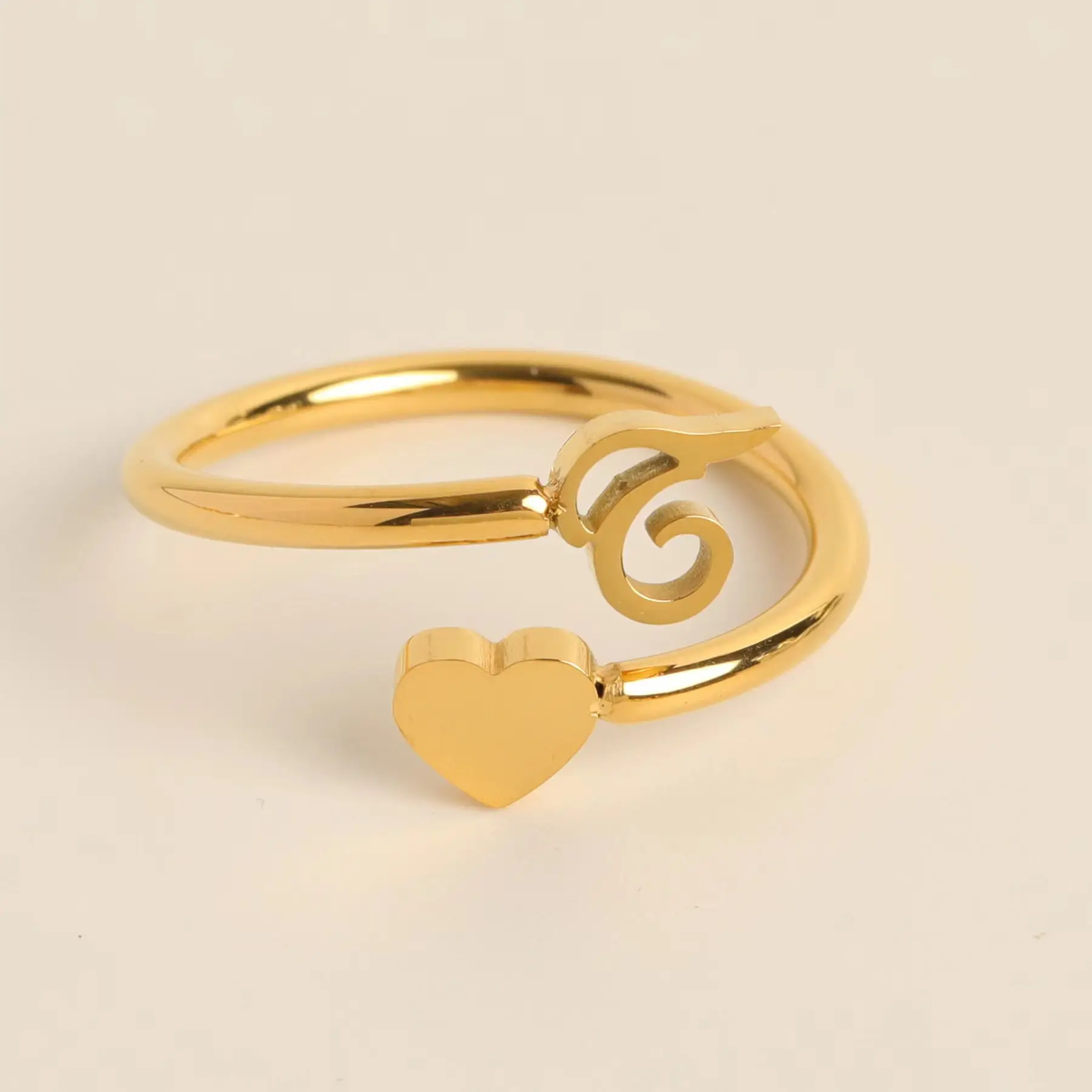 Gold Adjustable Heart Initial Ring for Women